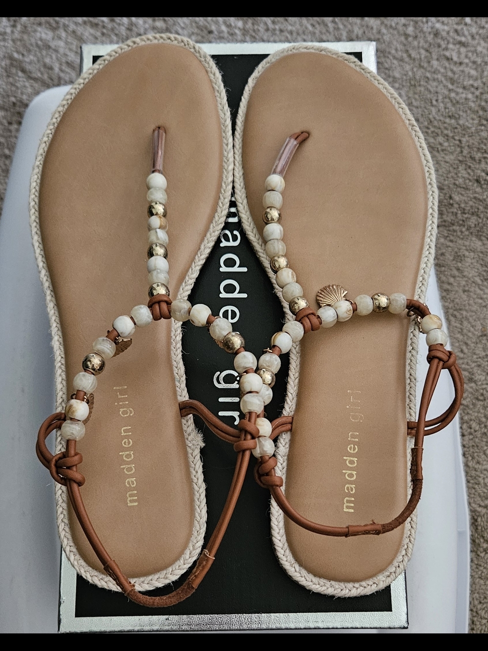 Madden Girl Tan Beaded T-Strap Sandals with Gold Accents